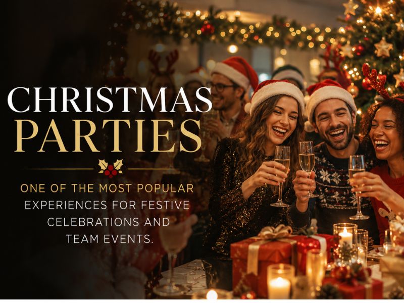 Guests raising a toast at a festive corporate Christmas party