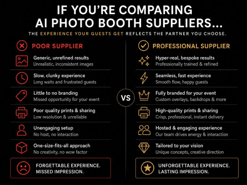 Comparison chart showing the difference between a poor AI photo booth supplier and a professional supplier