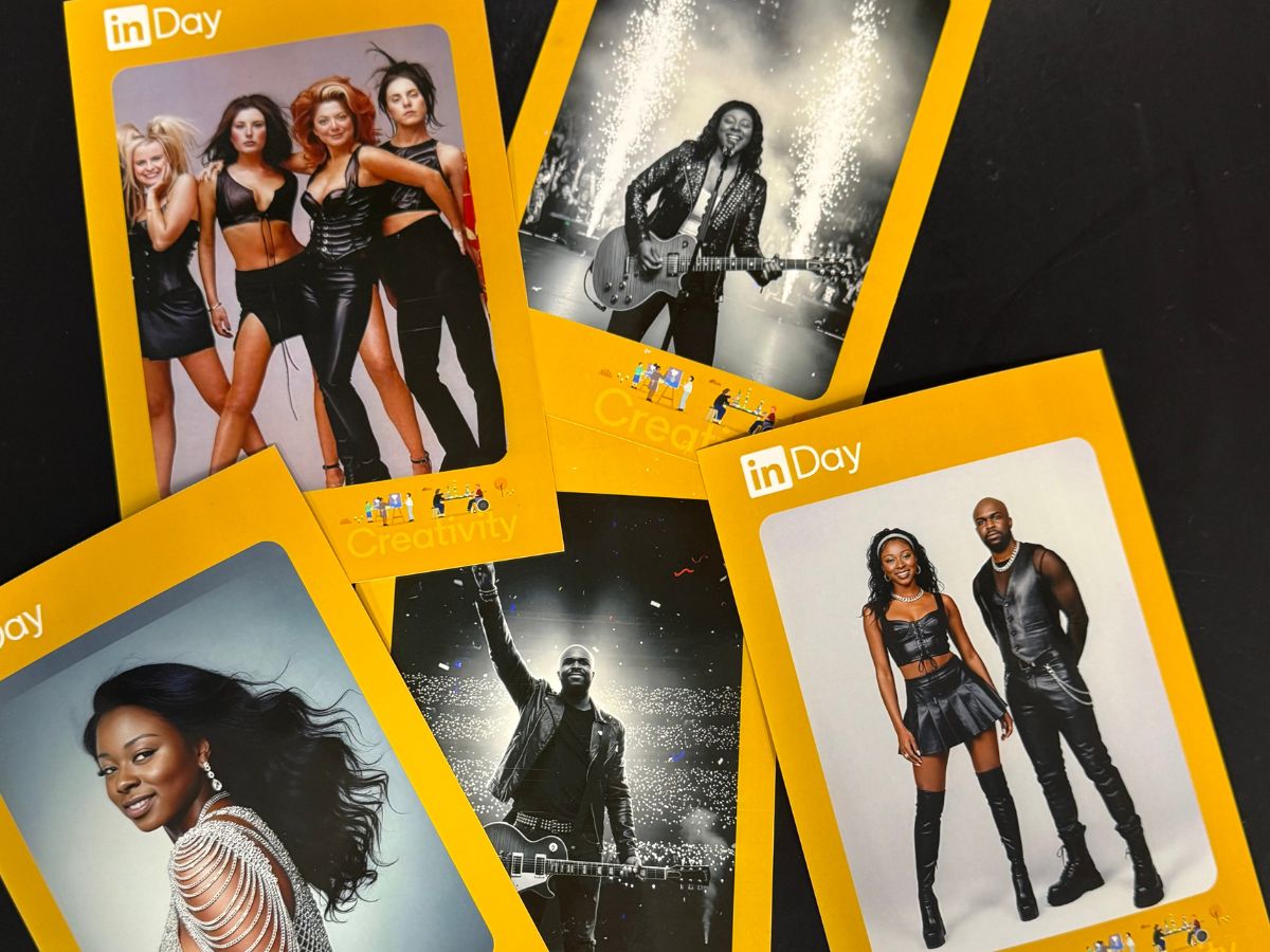 LinkedIn-branded AI portrait prints created for guests, showing the approved inDay print template