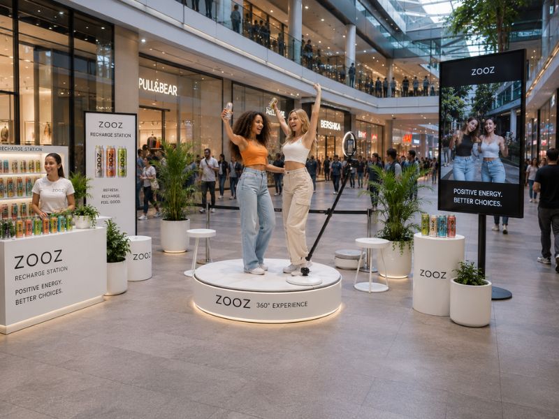 Guests celebrating on a branded 360 video booth platform at a shopping centre activation