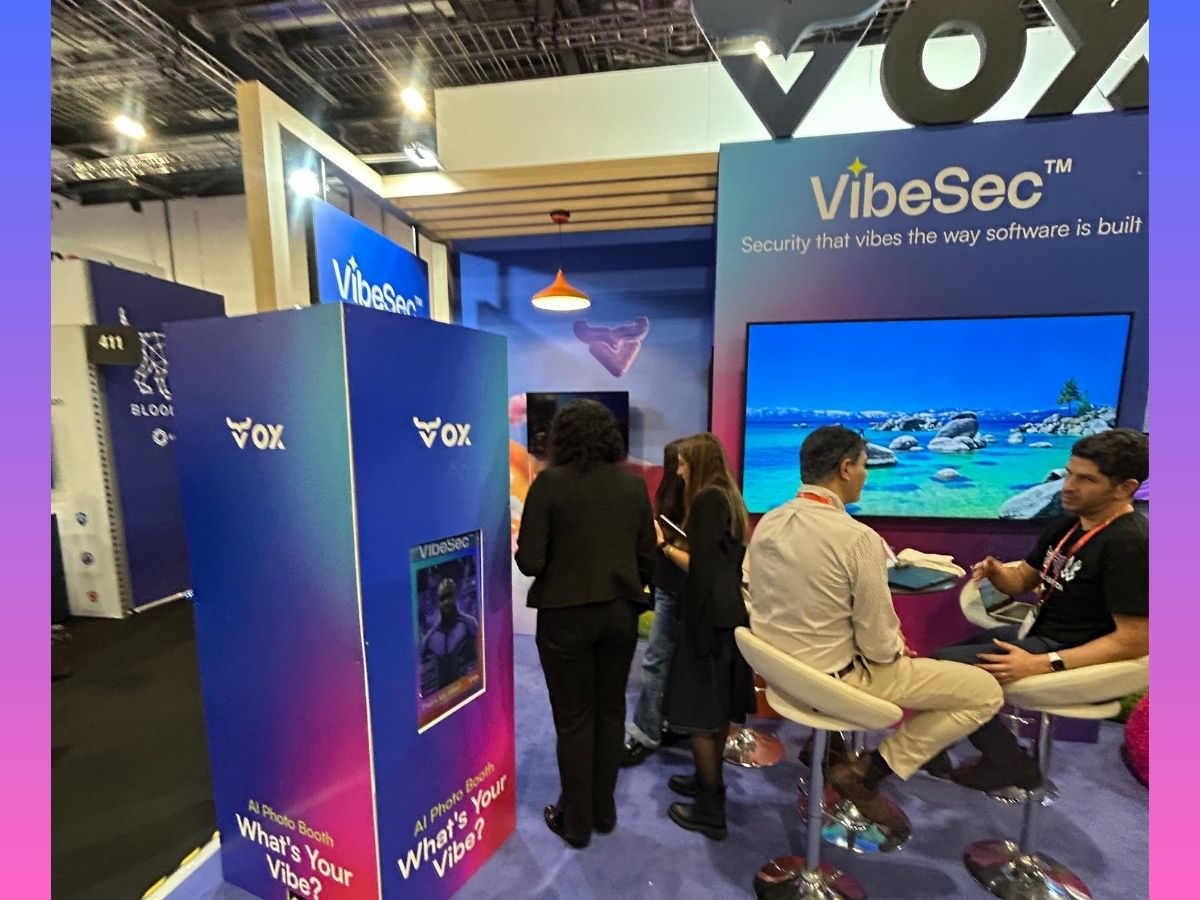 Branded photo activation built into an exhibition stand at a technology and security conference