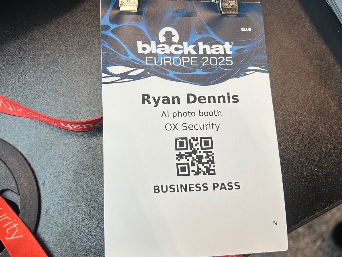 Branded Black Hat Europe 2025 exhibitor pass for the VOX Security AI photo booth activation
