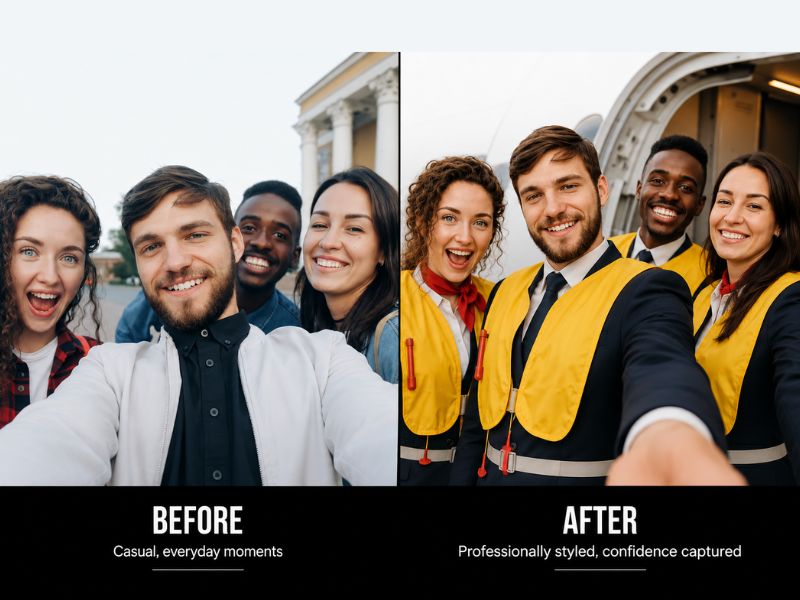 Before and after comparison of a casual group selfie transformed into a professionally styled AI cabin-crew portrait