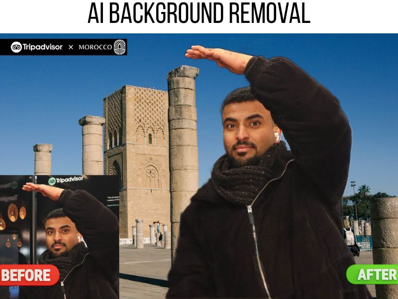 Before and after showing AI background removal placing a guest into a branded Tripadvisor Morocco destination scene