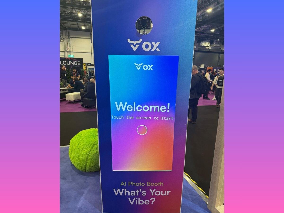 Branded welcome screen on an AI photo experience at a cyber security conference stand