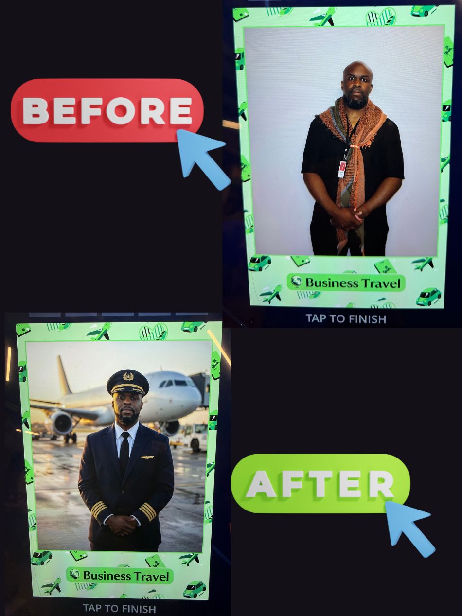 Before and after comparison of the AI photo transformation on the booth screen