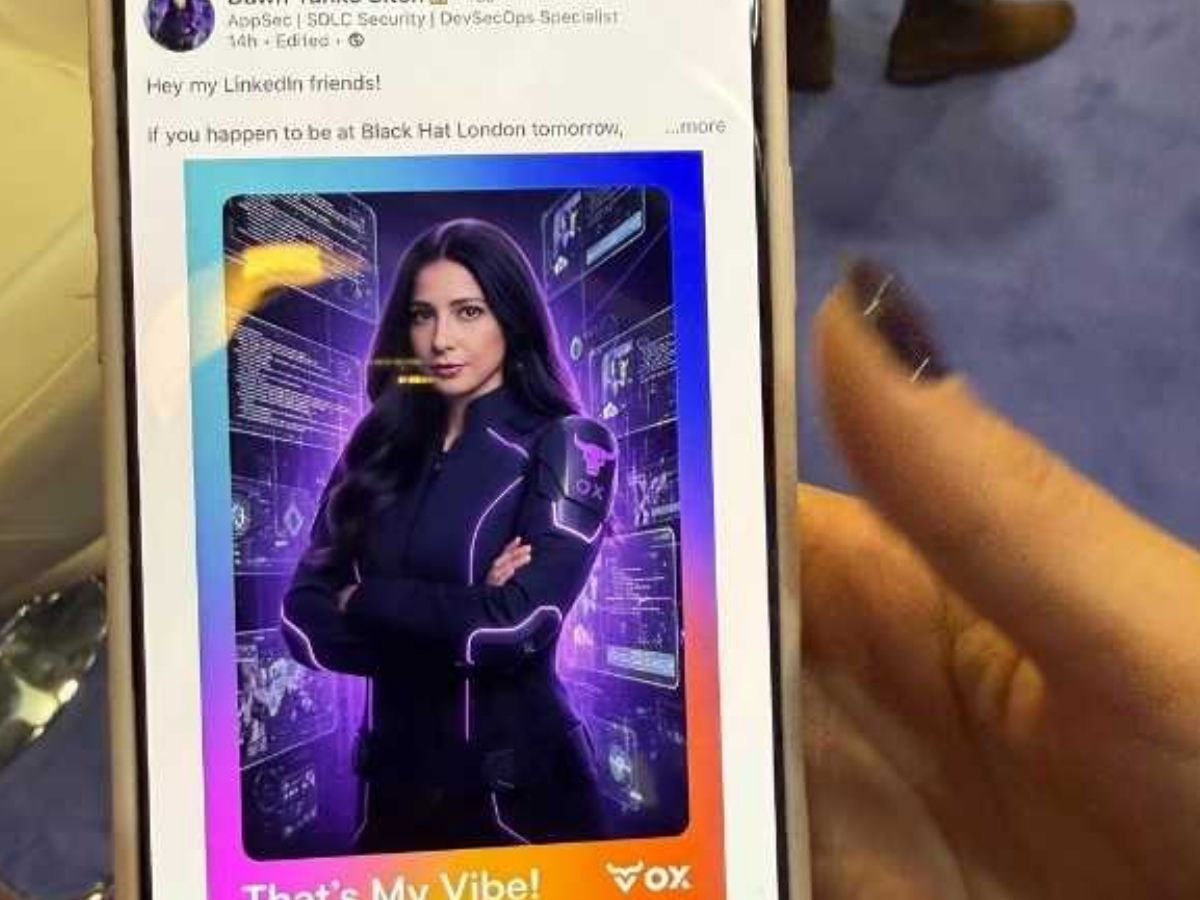 Delegate sharing her VOX Security AI portrait in a LinkedIn post on her phone