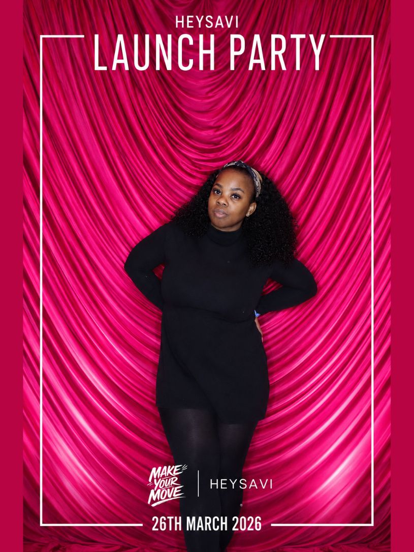 Branded launch party portrait of a guest against a bespoke draped backdrop