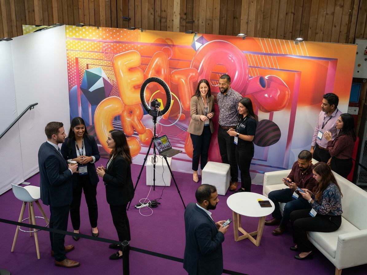 Brand and agency teams collaborating around a branded photo experience at a corporate conference