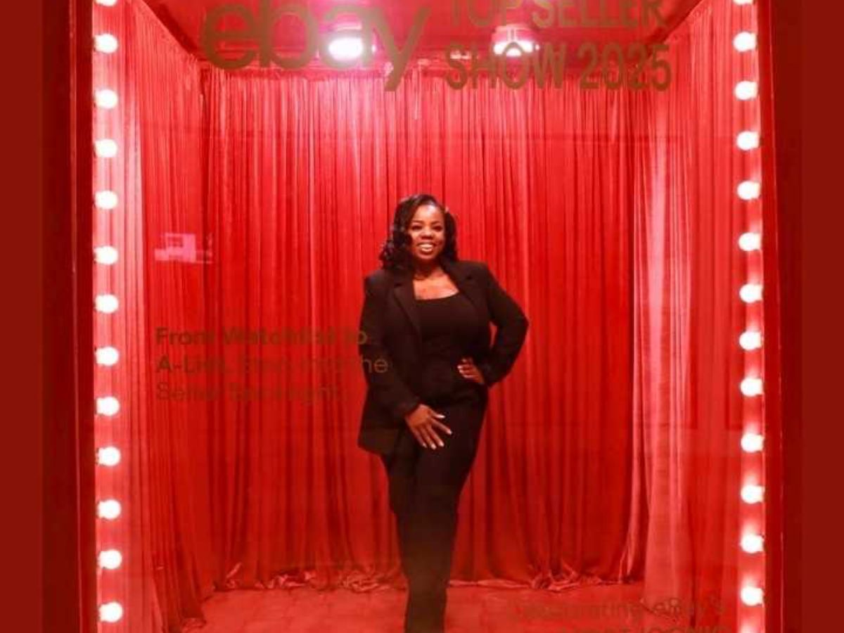 Guest posing inside the illuminated eBay Magazine Photo Booth