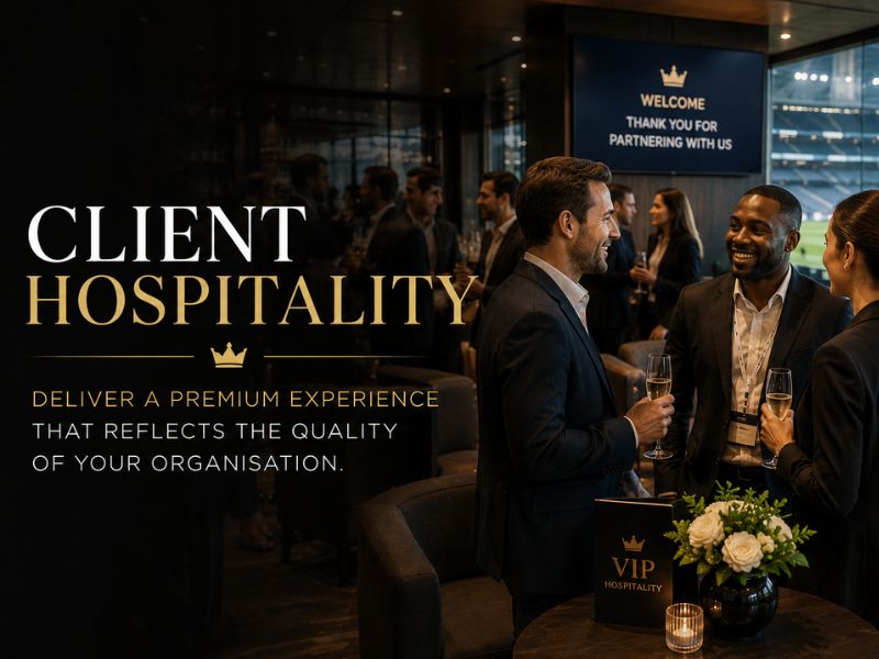 Business guests enjoying drinks in a premium VIP client hospitality suite