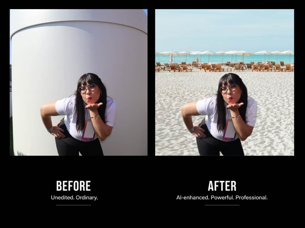Before and after AI background removal showing an Abu Dhabi-inspired beach scene