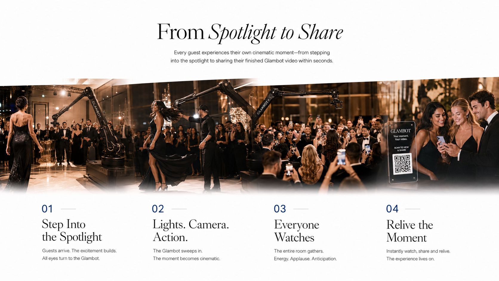 GlamBot cinematic camera arm capturing elegantly dressed guests at a luxury red carpet corporate event