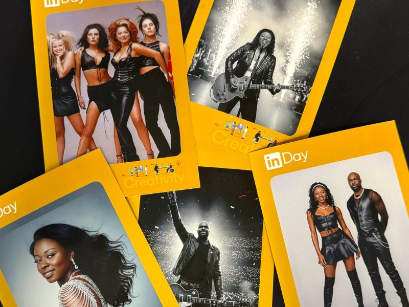 Branded LinkedIn Day AI portrait prints fanned out, each with a yellow branded border