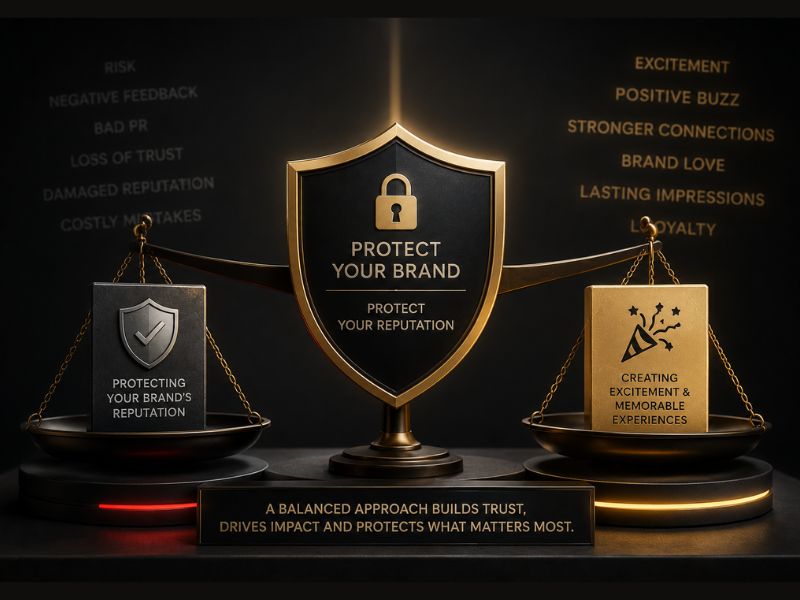 Illustration of balanced scales weighing brand reputation protection against creating memorable event excitement