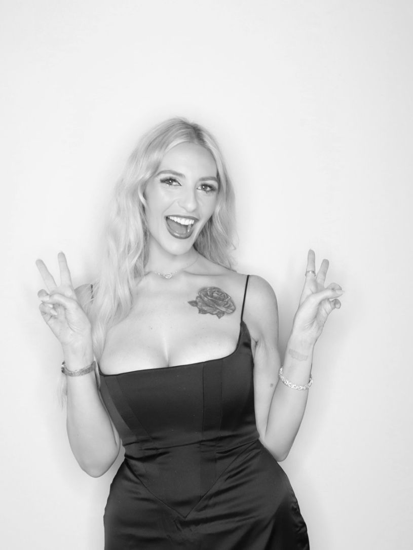 Editorial black-and-white studio portrait captured at a fashion event photo experience