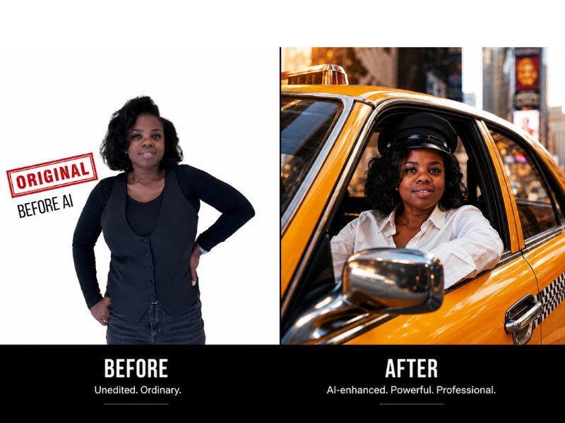 Before and after comparison of a studio portrait transformed into an AI-generated New York taxi driver scene