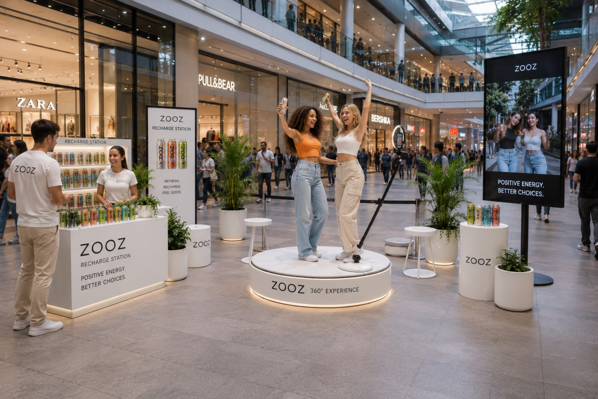 Colleagues laughing on a 360 video platform while friends gather around cheering at a luxury London corporate event